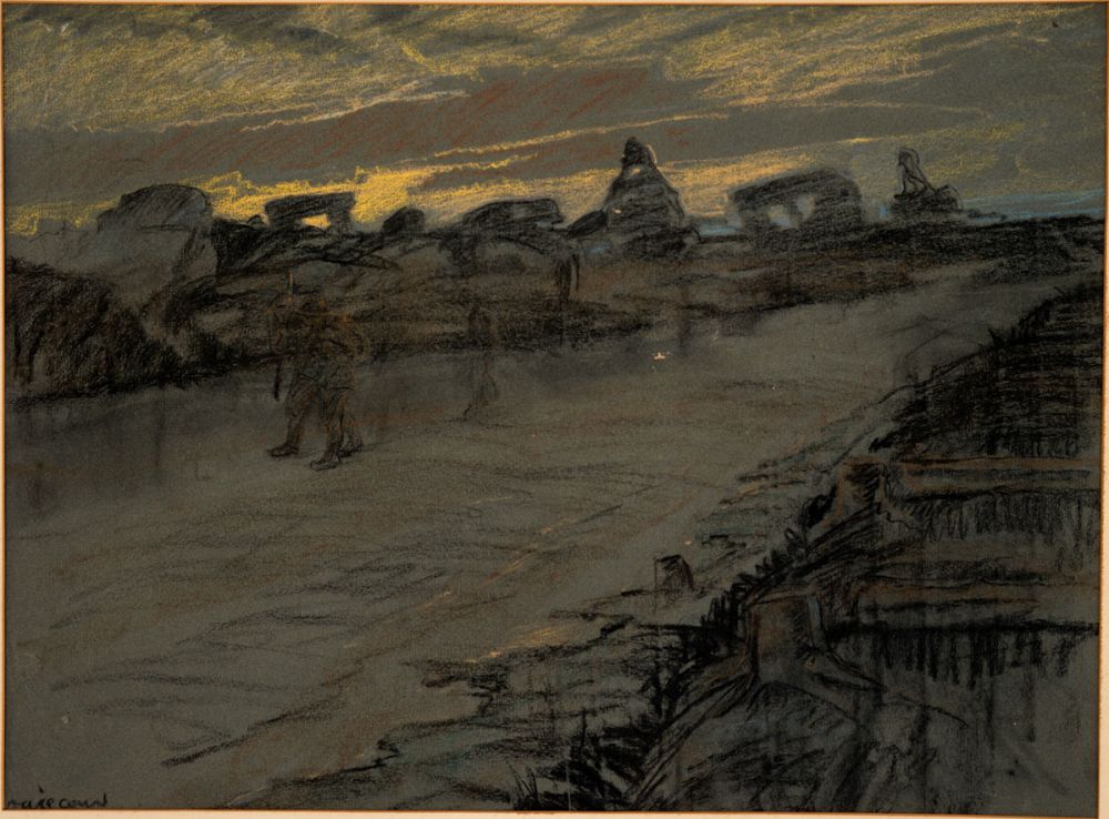 A painting by George Edmund Butler. 'A silhouette of Gouzeaucourt' 1918.